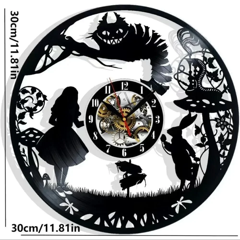 Alice in Wonderland 12”Black Lp wall clock . Battery operated .